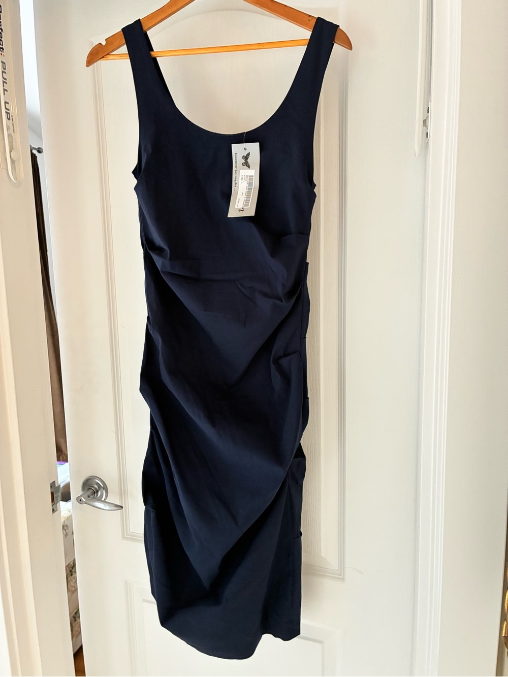 Classic Navy Scoop-Neck Midi Dress with Side Draping